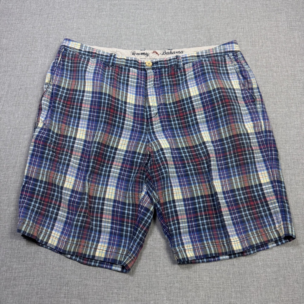 Tommy Bahama Bermuda Shorts Mens 38 Multicolor Linen Lyocell Plaid 10" Inseam